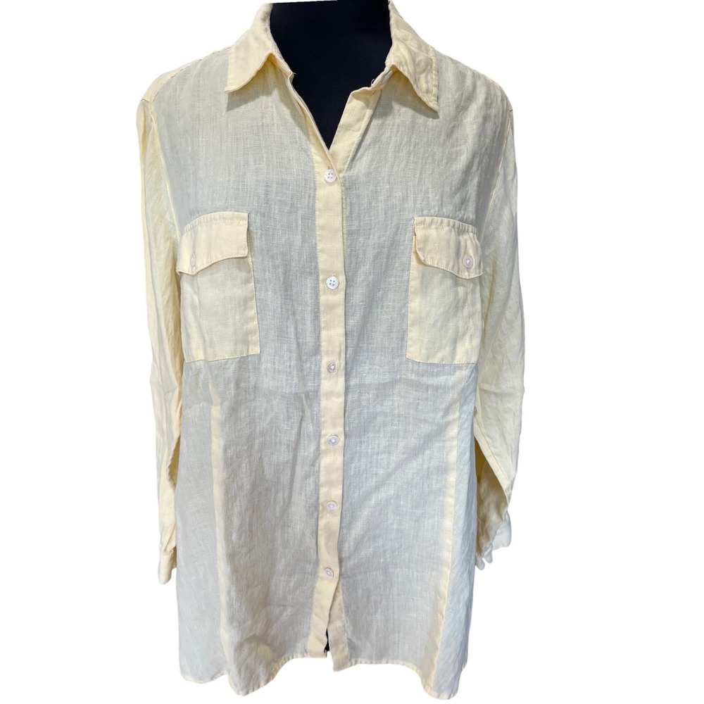 J. Jill Love Linen Yellow Button Down Shirt Womens 2X Long Sleeve Pockets